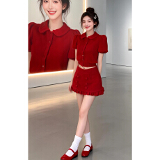 批发红色<b class='q'>娃娃</b>领针织连衣<b class='q'>裙</b>子女巨好看搭配一整套a字短<b class='q'>裙</b>套装新年战袍