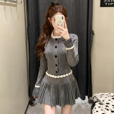 批发法式千金风灰色长袖针织<b class='q'>连衣裙</b>子女秋冬季2026新款超好看冬装套裙