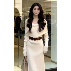 批发法式巨好看一<b class='q'>字</b>肩针织<b class='q'>连衣裙</b>子女早春2026新款纯欲风收腰包臀长裙