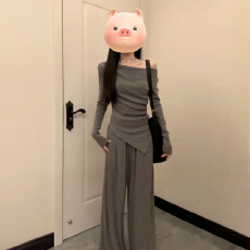 批发高级感气质套装女2026新款秋季<b class='q'>一字肩</b>长袖上衣阔腿长裤子两件套