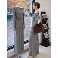 批发高级感气质套装女2026新款秋季<b class='q'>一字肩</b>长袖上衣阔腿长裤子两件套