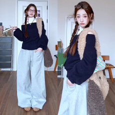 批发韩系氛围感<b class='q'>灯笼</b>袖一字肩套头毛衣女春季慵懒风针织衫