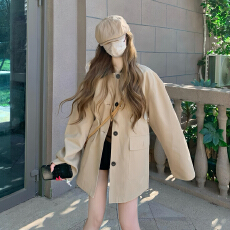 批发美式复古撞色格纹拼接中长款风衣外套早秋穿搭高级宽松设计感大衣