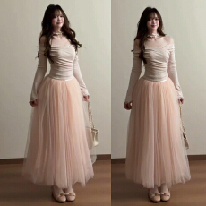 批发芭蕾风一字肩网纱<b class='q'>连衣裙</b>子女2026年春季新款粉色小个子公主蓬蓬裙