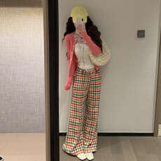 批发2026新款韩系减龄多巴胺套装女春秋针织开衫外套格纹阔腿裤两件套