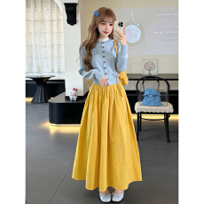 批发2026<b class='q'>新款</b>蓝色针织开衫半身裙早春漂亮套装韩系一整套ootd穿搭长裙