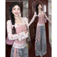 批发甜美风粉色抹胸收腰绑带针织衫上衣女春夏<b class='q'>修身</b>碎花长袖T恤两件套