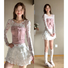 批发甜美风粉色抹胸收腰绑带针织衫上衣女春夏<b class='q'>修身</b>碎花长袖T恤两件套