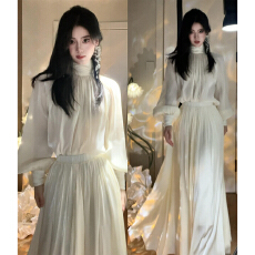 批发2026年新款清冷感白月光<b class='q'>长袖</b>套装连衣裙子女春季法式<b class='q'>雪纺</b>收腰长裙