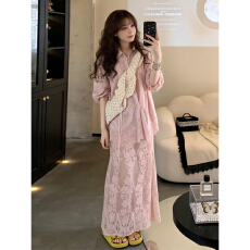 批发2026新款韩系温柔风穿搭套装<b class='q'>连衣裙</b>子早春季<b class='q'>粉色</b>衬衫蕾丝长裙套装