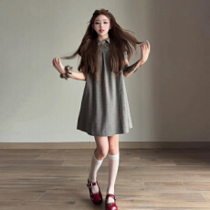 批发日系复古格纹翻领<b class='q'>连衣裙</b>子女夏季2026新款气质宽松显瘦超好看短裙