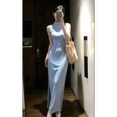 批发早春新中式蓝色无袖背心连衣裙子女夏季2026新款高知得体<b class='q'>旗袍</b>长裙