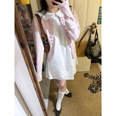 批发2026新款日系甜美白色娃娃领短袖<b class='q'>连衣裙</b>子女春季粉色开衫短裙套装