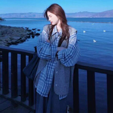 批发时尚复古格子慵懒风长袖<b class='q'>衬衫</b>女新款韩版休闲宽松大版廓形开衫上衣