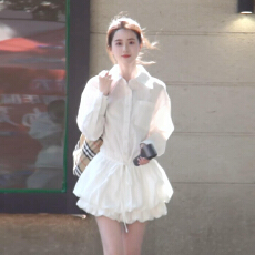 批发韩系小个子白色<b class='q'>衬衫</b><b class='q'>连衣裙</b>子女春夏季新款高级感收腰绝美花苞短裙