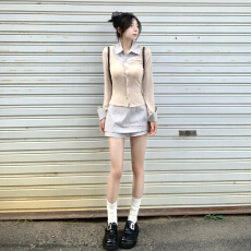 批发假两件长袖衬衫连衣裙子女春秋2026新款法式气质收腰<b class='q'>条纹</b>短裙<b class='q'>套装</b>