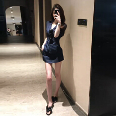 批发2026新款老钱风藏蓝色亚麻<b class='q'>衬衫</b>套装裙子夏季韩系高级收腰包臀短裙