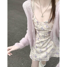 批发夏季<b class='q'>紫色</b>开衫碎花吊带<b class='q'>连衣裙</b>子女2026新款早春漂亮一整套穿搭短裙