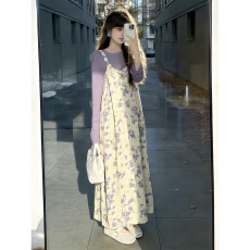 批发法式<b class='q'>紫色</b>碎花吊带<b class='q'>连衣裙</b>女早春2026新款巨好看穿搭一整套长裙套装