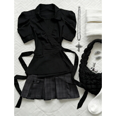 批发黑色绑带收腰短袖衬衫女夏季2026新款巨好看法式泡泡袖设计感上衣