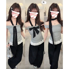 批发灰色假两件波点挂脖一字肩短袖<b class='q'>t</b><b class='q'>恤</b>女夏短款修身<b class='q'>露肩</b>收腰辣妹上衣
