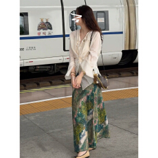 批发新中式清冷禅意感穿搭一整套女夏季衬衫<b class='q'>复古</b>油画半身长裙两件套装