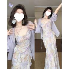 紫色高级感碎花吊带连衣裙子女夏季2026新款绝美穿搭一整套装长裙