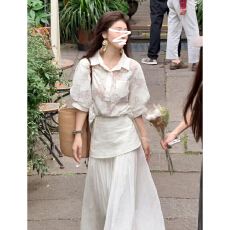 批发法式高级感镂空衬衫连衣裙子女夏季气质漂亮绝美掐腰两件<b class='q'>套装</b>长裙