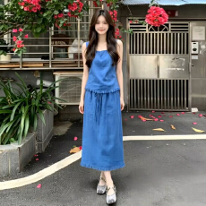 批发绝美巨好看韩系穿搭蓝色无袖<b class='q'>背心</b>连衣裙子女夏季2026新款套装<b class='q'>长裙</b>