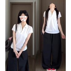 批发韩系<b class='q'>气质</b>V领正肩POLO衫t恤女夏季修身收腰翻领运动网球服短袖上衣