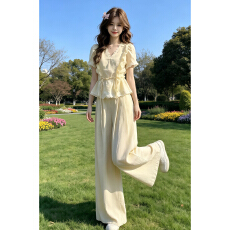 批发韩系巨好看ootd穿搭一整套2026新款黄色上衣女夏季阔腿<b class='q'>裤</b><b class='q'>两件套装</b>
