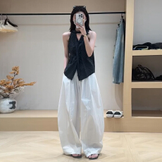 批发巨好看韩系穿搭一整套2026超火无袖格子上衣白色阔腿<b class='q'>裤</b><b class='q'>套装</b>女夏季