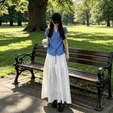 批发克莱因蓝小飞袖衬衫半身裙子套装女夏季韩系松弛感穿搭一整套长裙