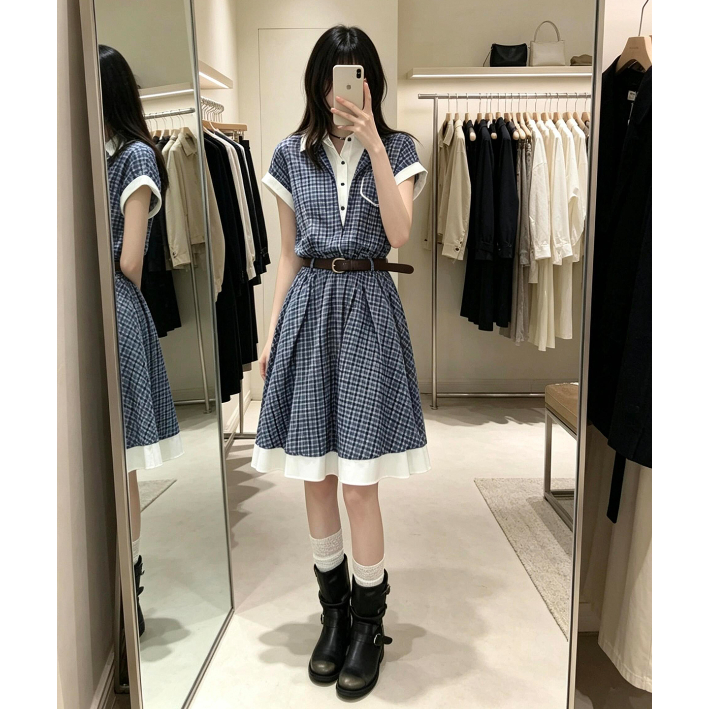 复古格纹假两件衬衫连衣裙女夏季韩系气质宽松显瘦翻领A字短裙子 服裝批發女裝批發服飾貨源