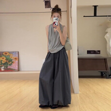 批发韩系巨好看ootd穿搭一整套2026新款无袖挂脖<b class='q'>上衣</b>女夏季阔腿<b class='q'>裤</b><b class='q'>套装</b>