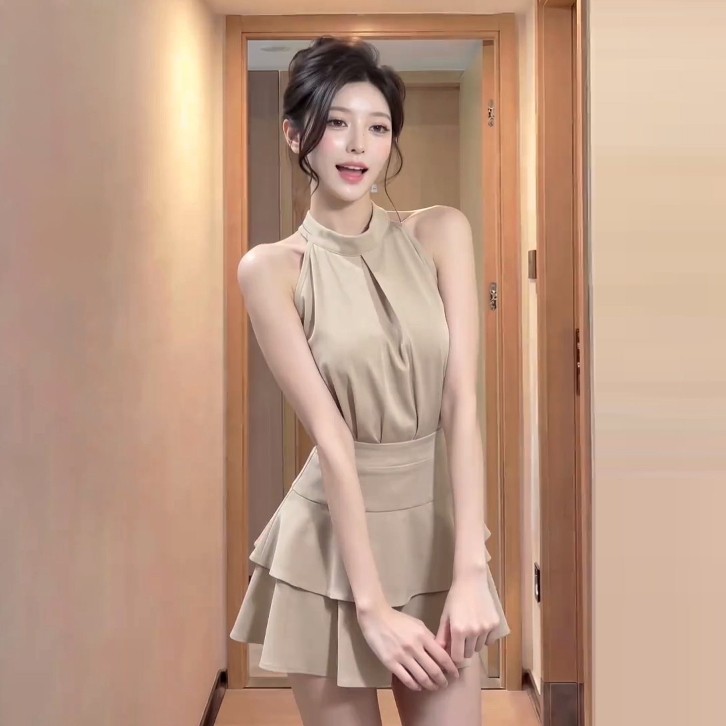 高级感小香风高端轻奢套装气质女神洋气小个子挂脖连衣裙短裙女夏  服裝批發女裝批發服飾貨源