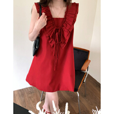 韩系荷叶边v领红色无袖连衣裙子女夏季明媚感度假风漂亮出片短裙