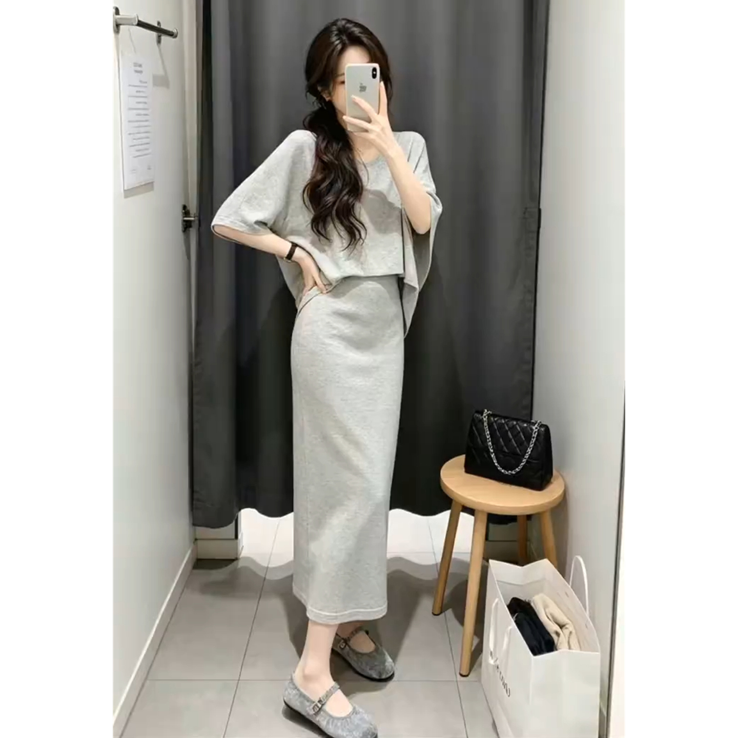 巨好看韩系穿搭一整套装灰色连衣裙子女夏季新款漂亮绝美长裙  服裝批發女裝批發服飾貨源