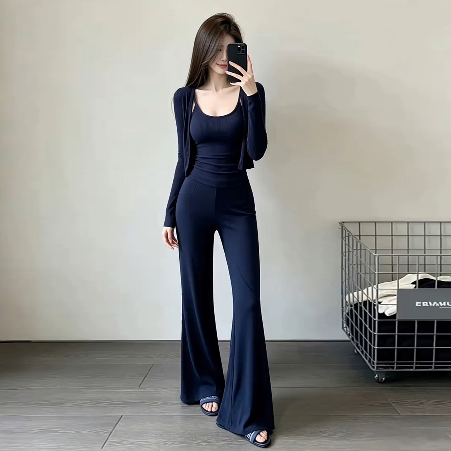 巨好看蓝色开衫吊带长裤三件套装女新爆款夏季韩系穿搭一整套  服裝批發女裝批發服飾貨源