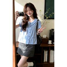 批发夏日绝美法式蓝色<b class='q'>衬衫</b>半身裙子女夏季2026新款巨好看漂亮两件套装