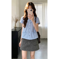 批发夏日绝美法式蓝色<b class='q'>衬衫</b>半身裙子女夏季2026新款巨好看漂亮两件套装