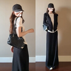 批发早秋季黑色连帽卫衣外套半身连衣裙子女2026韩系穿搭一整套装<b class='q'>长裙</b>