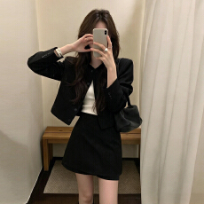 批发法式黑色西装套装裙子女早秋季2026新款小个子香风穿搭一整套短裙