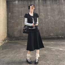 学院风黑色马甲外套花边半裙套装女早秋休闲显瘦条纹T恤三件套装