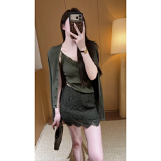 批发纯欲穿搭套装女早秋季御姐风绝美绿色开衫吊带<b class='q'>蕾丝</b>包臀半身<b class='q'>短裙</b>子
