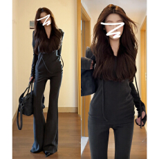 批发2026早秋韩系收腰修身显瘦针织套装连帽上衣外套直筒微喇休闲<b class='q'>裤</b>女