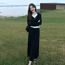 批发早秋休闲运动风穿搭假两件黑色<b class='q'>卫衣</b>裙子套装女2026新款韩系一整套