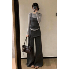 批发韩系穿搭一整套2026新款爆款灰色内搭长袖上衣女秋冬季阔脚<b class='q'>裤</b><b class='q'>套装</b>