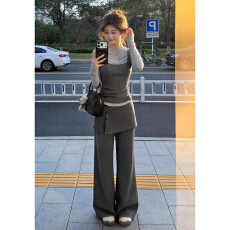批发韩系穿搭一整套2026新款爆款灰色内搭长袖上衣女秋冬季阔脚<b class='q'>裤</b><b class='q'>套装</b>