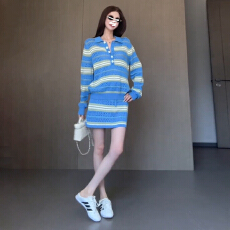 批发韩系chic别致休闲条纹针织两件套装女秋季一整套松弛感穿搭高级感